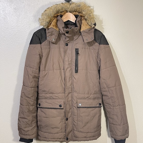 Winter Coat Faux Fur/ Teddy Lined Removable Hood & Trim Brown Men's Size M - Picture 1 of 15